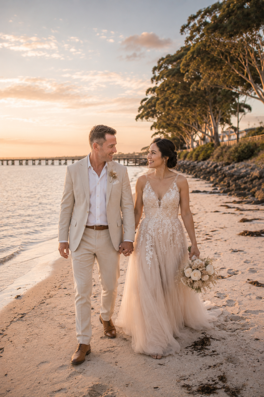 Dunsborough wedding photographer capturing sunset beach wedding