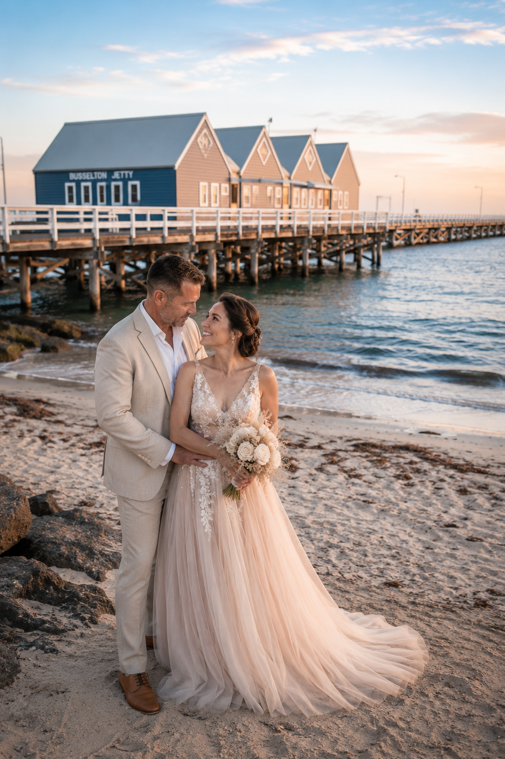 Busselton wedding photographer capturing sunset beach wedding